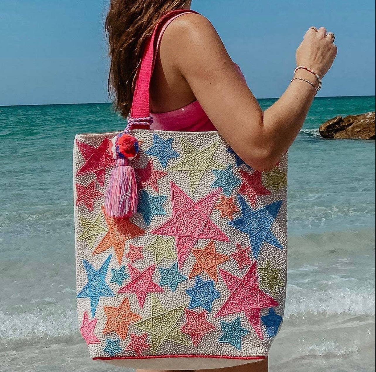 Reach For The Stars Beaded Beach Bag Tote & Wristlet