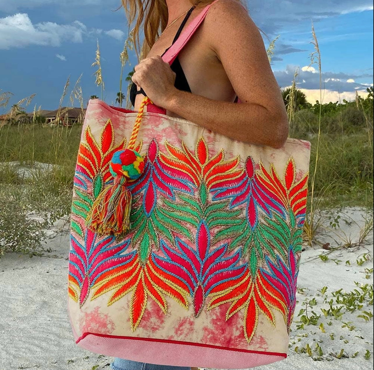 Beaded Embroidery Peacock Beach Bag Tote & Wristlet