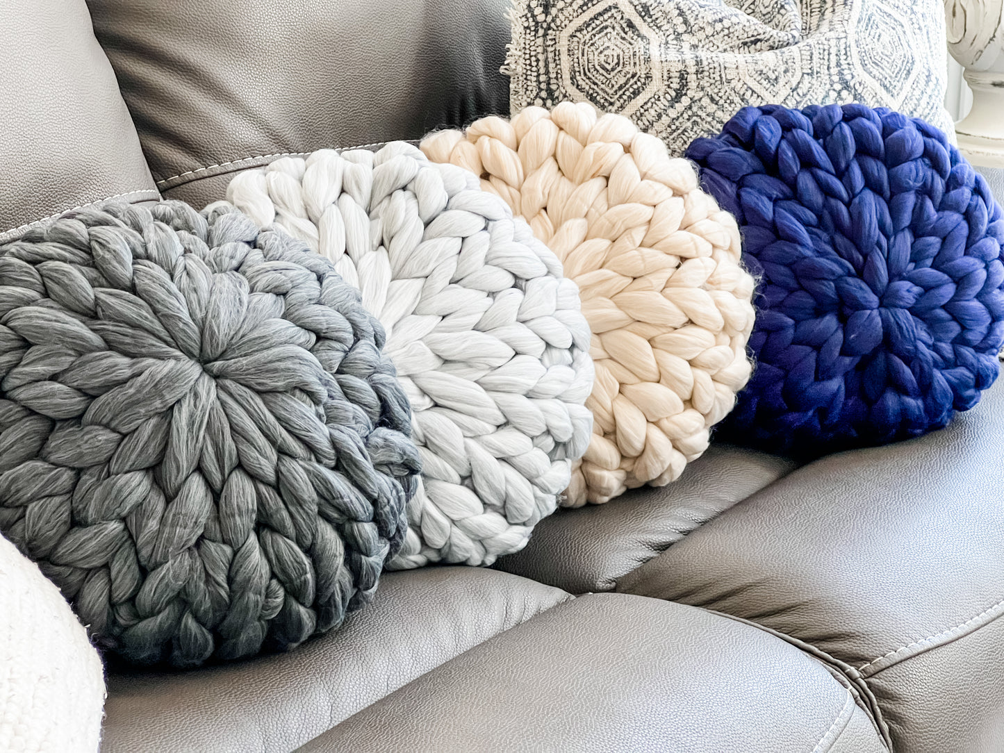 18" Round Handmade Chunky Knit Pillow Poof - Blue