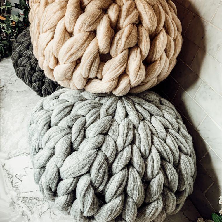 18" Round Handmade Chunky Knit Pillow Poof - Pewter