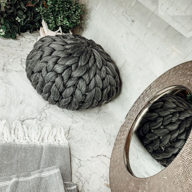 18" Round Handmade Chunky Knit Pillow Poof - Gray