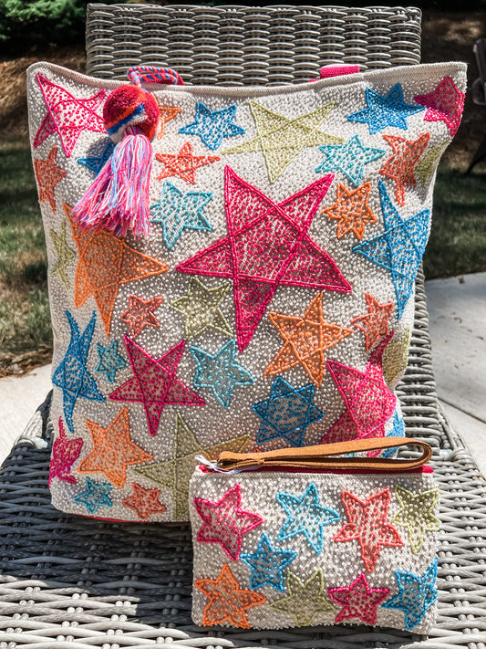 Reach For The Stars Beaded Beach Bag Tote & Wristlet