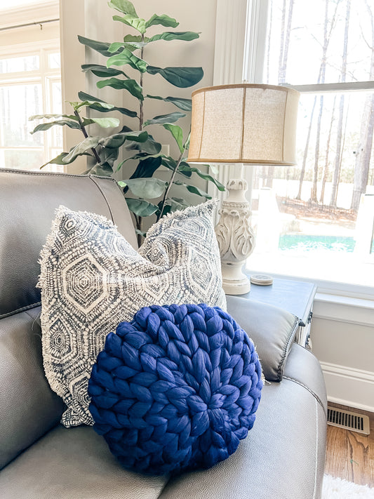 18" Round Handmade Chunky Knit Pillow Poof - Blue