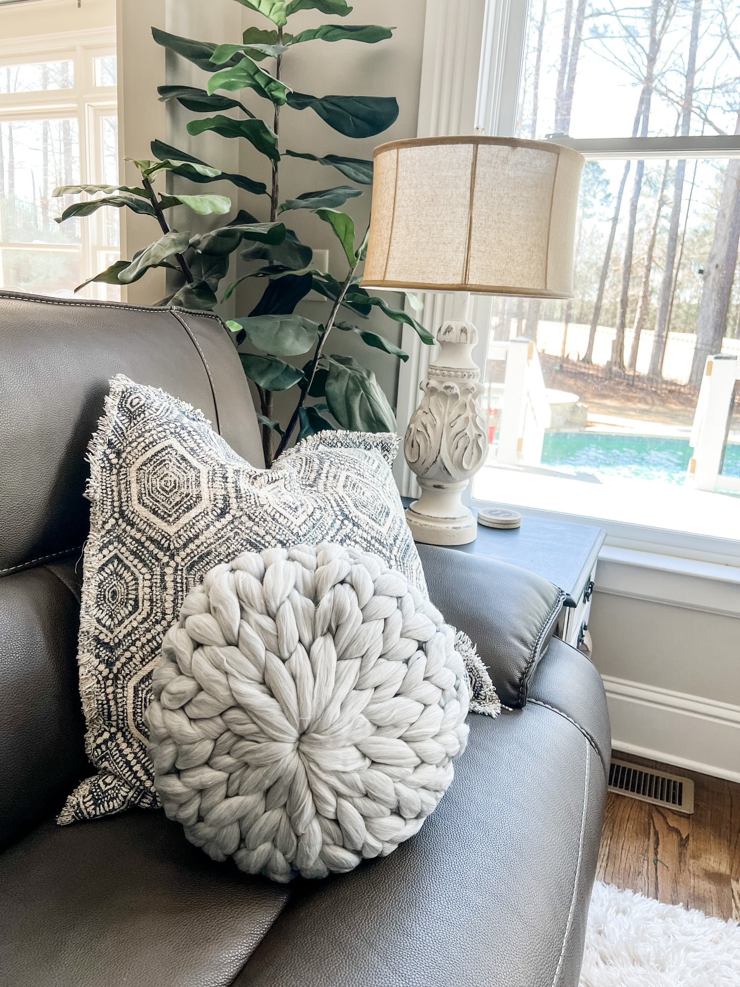 18" Round Handmade Chunky Knit Pillow Poof - Pewter