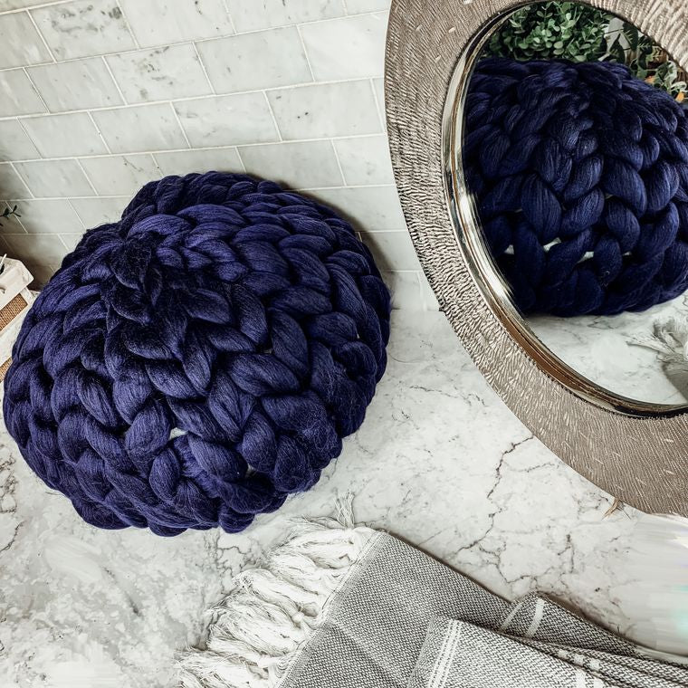 18" Round Handmade Chunky Knit Pillow Poof - Blue