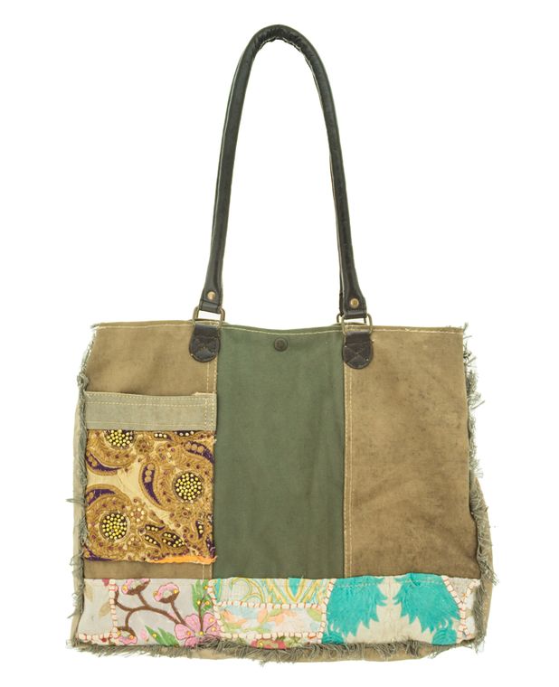 Recycled Tent Tote with Vintage Textiles & Outside Pocket