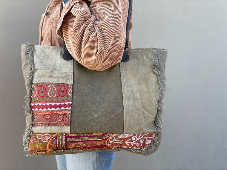 Recycled Tent Tote with Vintage Textiles & Outside Pocket