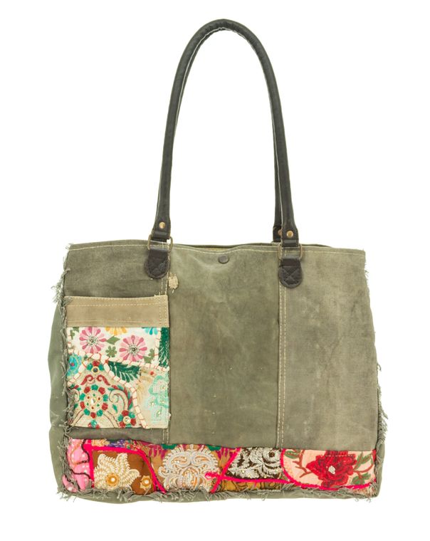 Recycled Tent Tote with Vintage Textiles & Outside Pocket