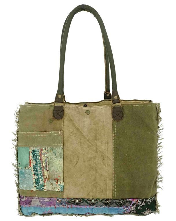 Recycled Tent Tote with Vintage Textiles & Outside Pocket